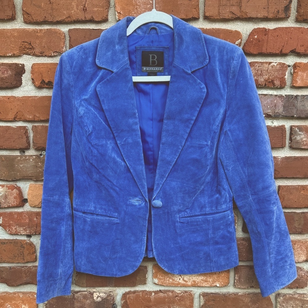 B by Bernardo Suede Blue Pockets Lined Button Up Dramatic Unique Jacket S